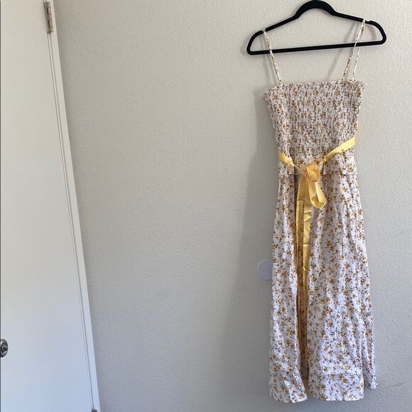 Reformation Miles Floral Yellow & White Ribbon Wrap Smocked Linen Dress Large - Picture 6 of 10